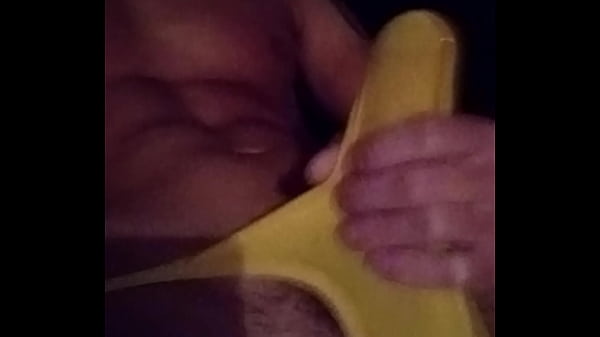 Stroking hard cock in yellow thong leaks precum