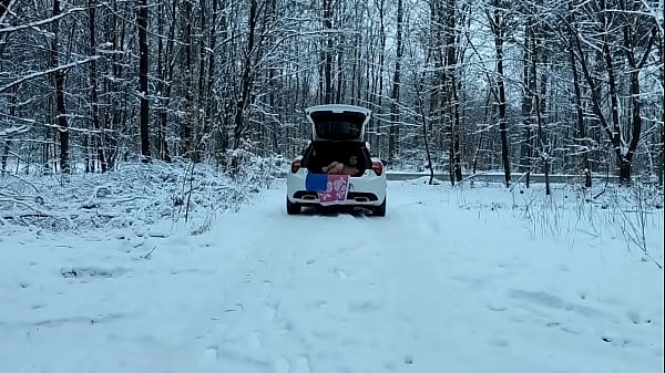 naked uncut, unmasked gay slave exposed male doing outdoor fitness in snow, travel in trunk